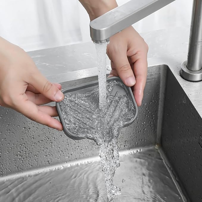 Silicone Bathroom Soap Dishes with Drain Spout-Bathroom and Kitchen Sink Organizer,Sponge Holder,Dish Soap Tray,Perfect for Dispenser,Scrubber,Bottle,Cup on Sink or Counter-Grey 4.9"×3.2" - Bloomnest