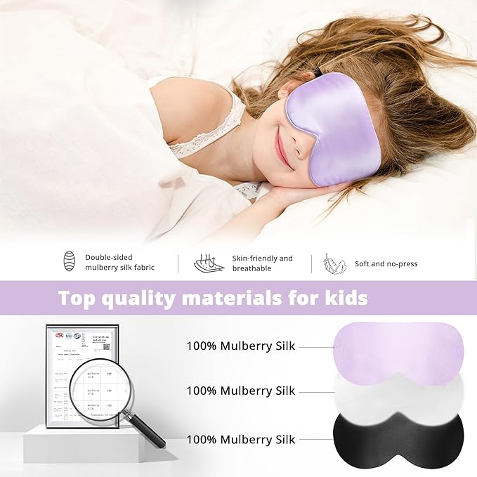 Kids Sleep Mask Eye Cover, 100% Real Natural Pure Silk Eye Mask with Adjustable Strap, Blindfold Kids Eye Mask for Sleeping, Eye Shade for Boys Girls and Adult, Pressure-Free Comfort (Purple) - Bloomnest
