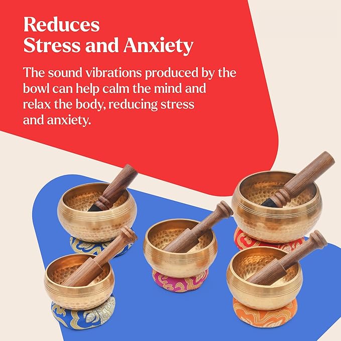 Tibetan Singing Bowl Set-Authentic Cuencos Tibetanos for Sound Healing, Meditation & Chakra Balancing - Includes Cushion, Mallet-Unique Spiritual Gifts for Women and Men (5 Chakra Bowl Set) LNYSI