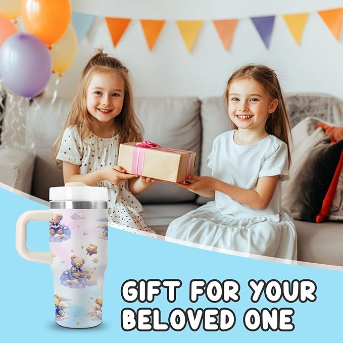 Bear Gifts - 14 Oz Cartoon Kids Tumbler with Handle and Straw, Stainless Steel Insulated Water Bottle,for Boys Girls, School, Travel - Cute Bear Themed Children Birthday Gift Cup(1pc) - Bloomnest