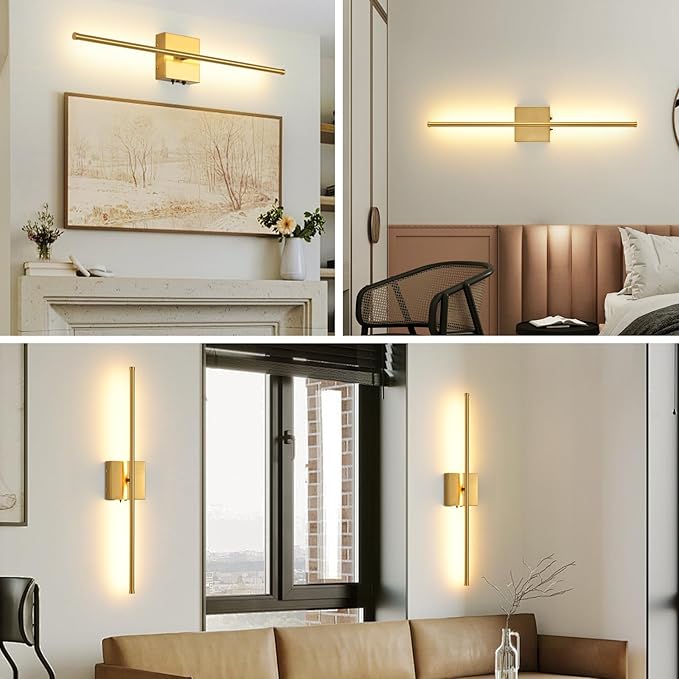 Battery Operated Wall Sconces Set of 2, 11000mAh Wireless Rechargeable Gold Wall Lights with Remote Control, 350°Rotate Dimmable Wall Lamp, 3 Color Temperatures, for Bedroom, Living Room, Hallway - Bloomnest