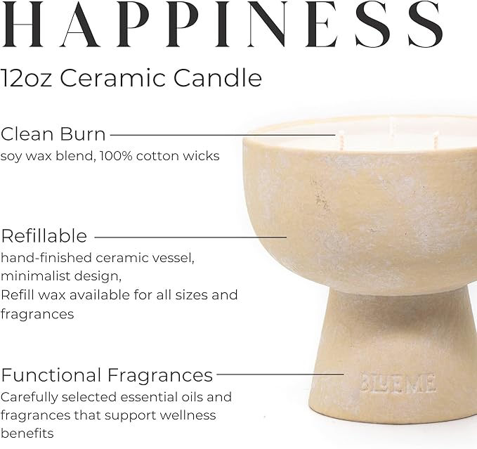BLUEME Happiness - Yuzu & Ginger, Luxury Candle w/Essential Oils, 3 Wick, Hand-Poured Soy, Cotton Wick, Ceramic - Bloomnest
