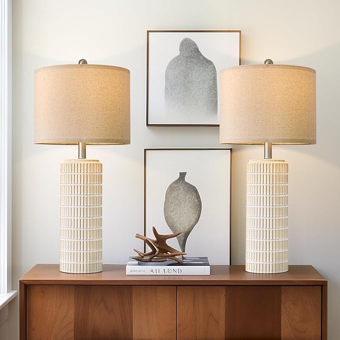 PoKat 27.5'' Tall Table Lamps for Living Room Set of 2, Ceramic Bedroom Lamps for Night Stands, Modern Bedside Lamps for Bedroom Living Room, Nightstand Lamps for End Table, Hallway, Gold and White - Bloomnest