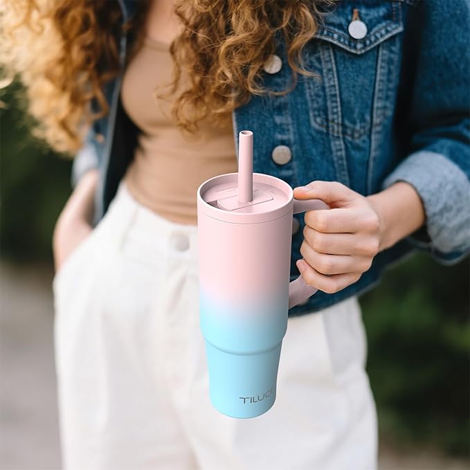 TILUCK 30 oz Tumbler with Handle, Vacuum Insulated Stainless Steel Travel Mug with 100% Leak-Proof Silicone Straw Lid, Cupholder Friendly Water Bottle(PinkBlueGradient, 30oz)