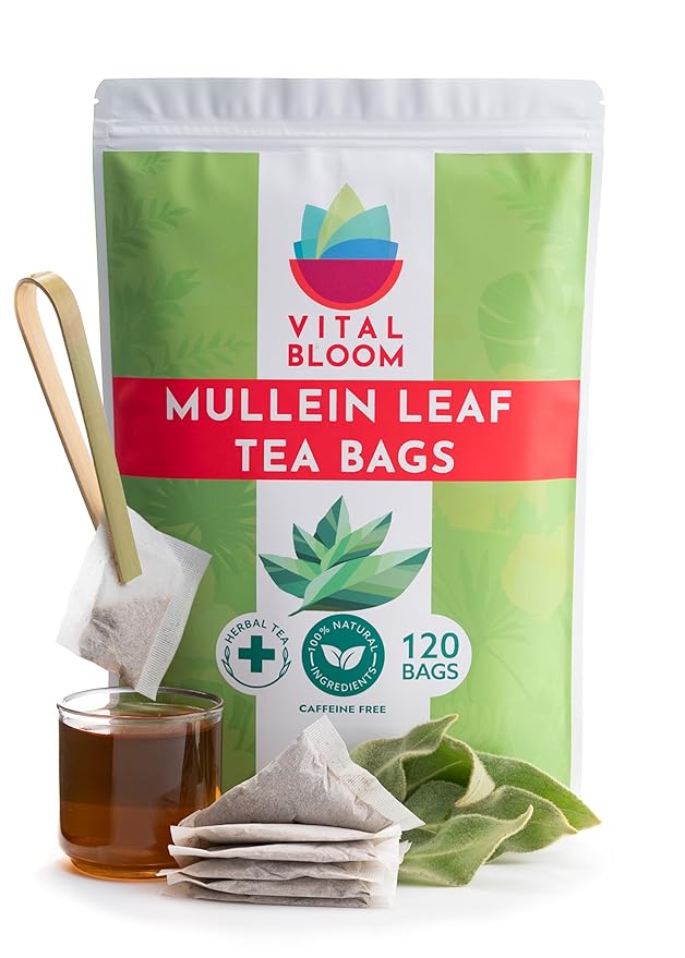 Vital Bloom Mullein Leaf Tea, 120 Tea Bags, 100% Pure Mullein Leaves, support for Lungs Cleanse and Respiratory Support, Bleach Free Tea Bags, Non GMO (Free Tongs Included) - Bloomnest