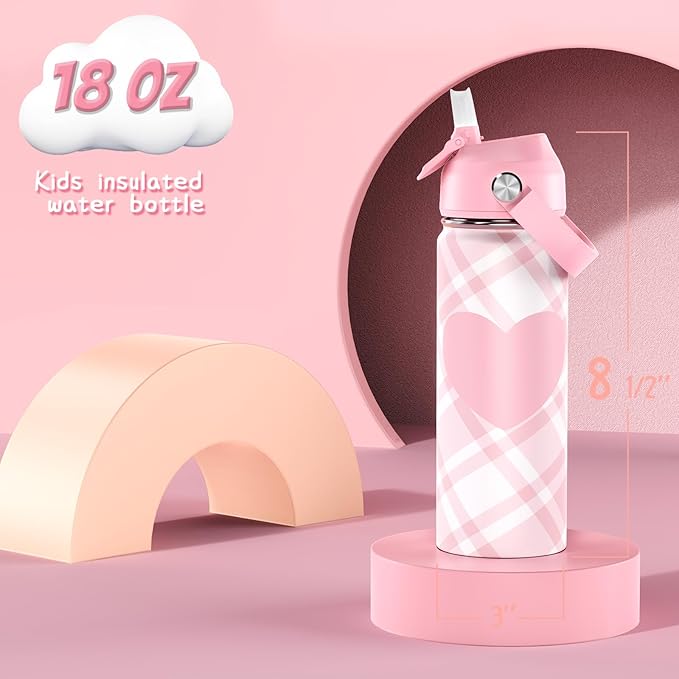 18oz Kids Insulated Water Bottle with Straw Lid - 18/8 Stainless Steel Kid Cup Travel Tumbler Double Wall Vacuum Leak Proof Portable Toddler Water Bottle (Plaid Pink+Green） - Bloomnest
