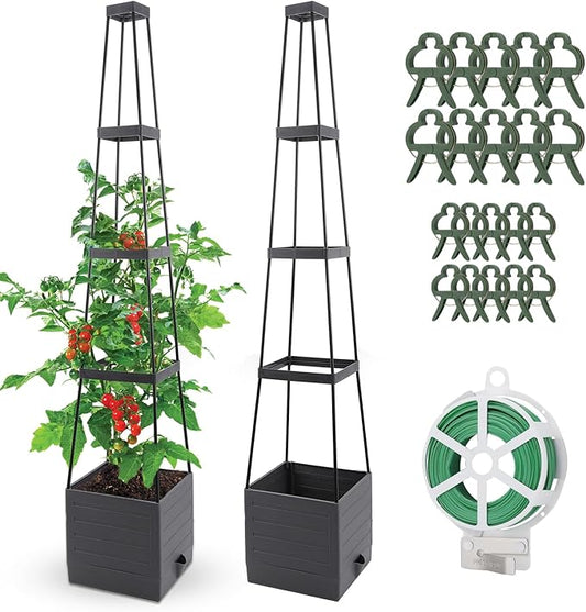 2 Pack Raised Garden Bed, Planter Boxes with Trellis 58.3'' Tomato Planters for Climbing Vine Vegetables Flowers Plants Self Watering Tomatoes Cage for Outdoor Patio Greenhouse - Bloomnest