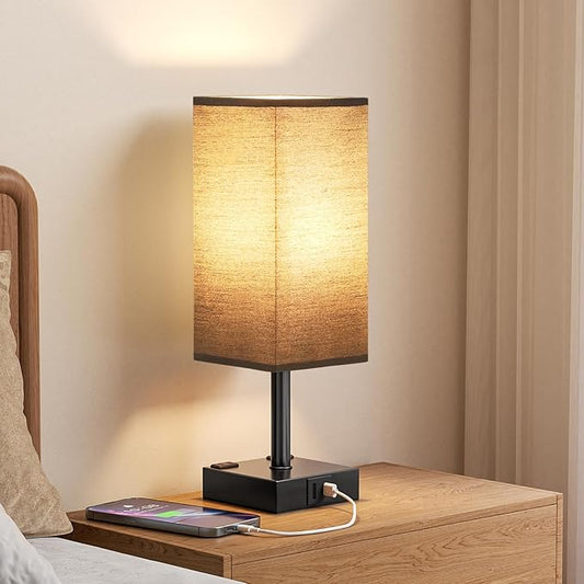 Touch Bedside Table Lamp for Nightstand - 3-Way Dimmable Night Lamp with USB A + Type C Charging Ports and Two AC Outlets, Small Desk Light with E26 LED Bulb for Bedroom Living Room Dorm Office,Black - Bloomnest