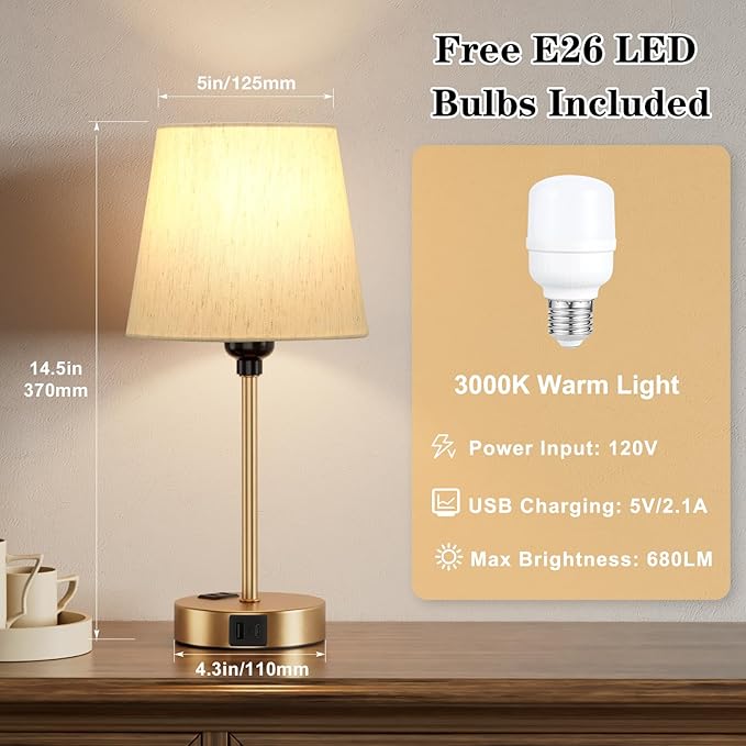 Acaxin Lamp for bedrooms Set of 2 - Nightstand Bedroom Lamp with USB C Port and AC Outlet Charging, 3 Way Dimmable Touch Control Bed Side Table Lamp, Small Night Stand Light for Kids/Guest Room - Bloomnest