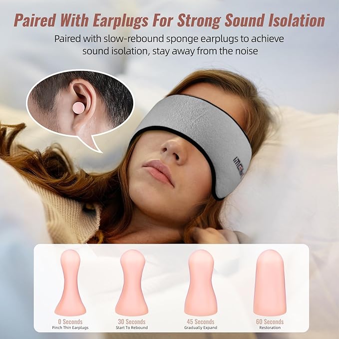 Sleep Mask with Adjustable Heads, Earmuffs for Sleep, Ear Warmers for Men & Women, 2 in 1 Ear Mask and Eye Cover, Comfortable & Soft for Side Sleepers (Grey) - Bloomnest