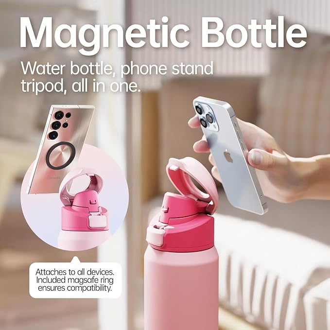 Insulated Magnetic Water Bottle - Reusable Stainless Steel Bottle with MagSafe Compatible Phone Holder - Keeps Cold for 24 Hours - Perfect for Gym, Sports, and Travel - Pink 24oz Magcheer