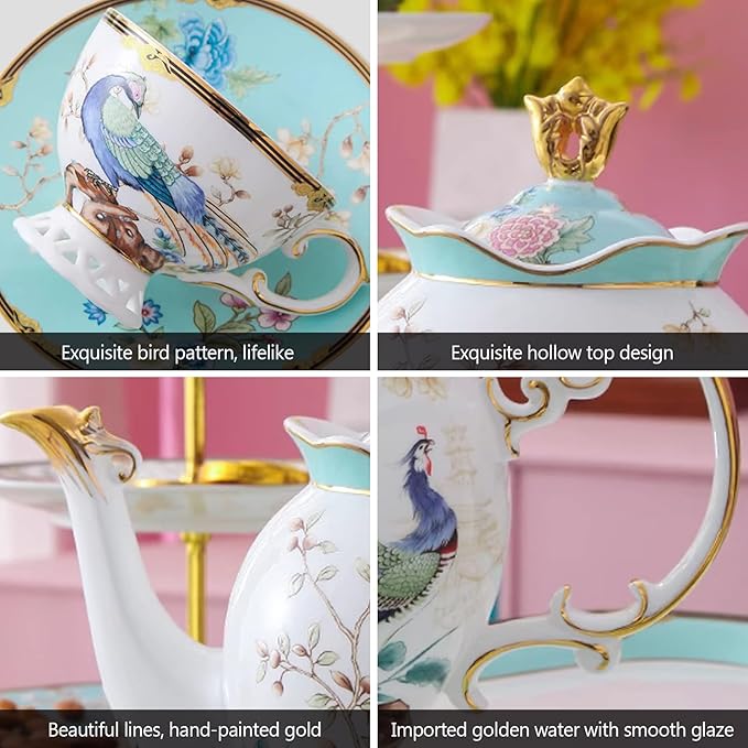 ACMLIFE Fine Bone China Tea Set with Teapot, Porcelain Tea Sets for Adults, 21-Piece Vintage Tea Set for 6, 24K Gold Blue English Floral British Bone China Tea Sets for Women Tea Party for Gifts - Bloomnest