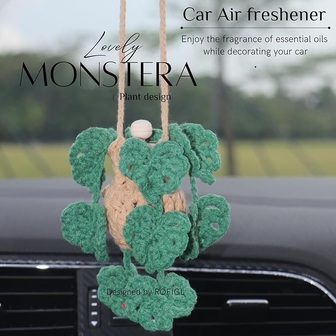 Cute Crochet Car Plant Monstera Essential Oil Diffuser Bottle - 12ml Refillable, Green Car Accessory for Mirror Decor and Home Decor - Bloomnest