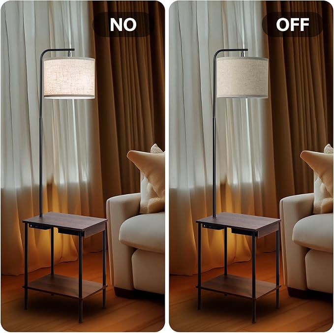 Floor Lamp with Table & Drawers, End Table Lamp with USB Charging Portt Power Outlet and Shelves, Side Table Reading Light with 3 Color Temperature Led Bulb Included for Living Room, Walnut - Bloomnest