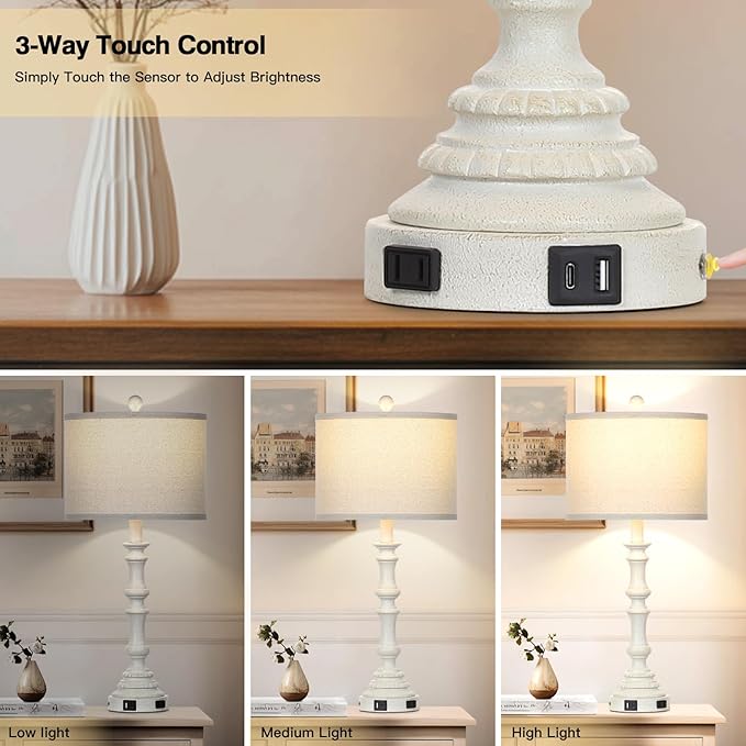 27.5" White Tall Lamp for Living Room, Vintage Farmhouse Table Lamps Set of 2 with USB C+A Ports & AC Outlet, 3-Way Touch Control Bedside Lamps, Rustic Bedroom Lamp for Nightstand Side Table - Bloomnest