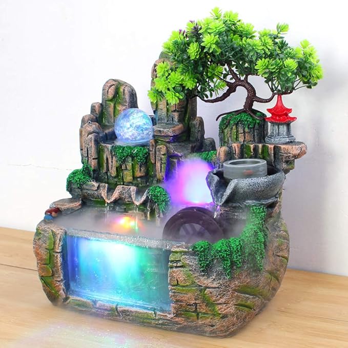 11.81" Creative Desktop Fountain Waterfall Bonsai w/LED Lights & Atomizer Tabletop Decor, Small Fish Tank Rockery Humidifier, Mini Rock Plant Artificial Bonsai Fountain Rockery for Office Home Decor - Bloomnest