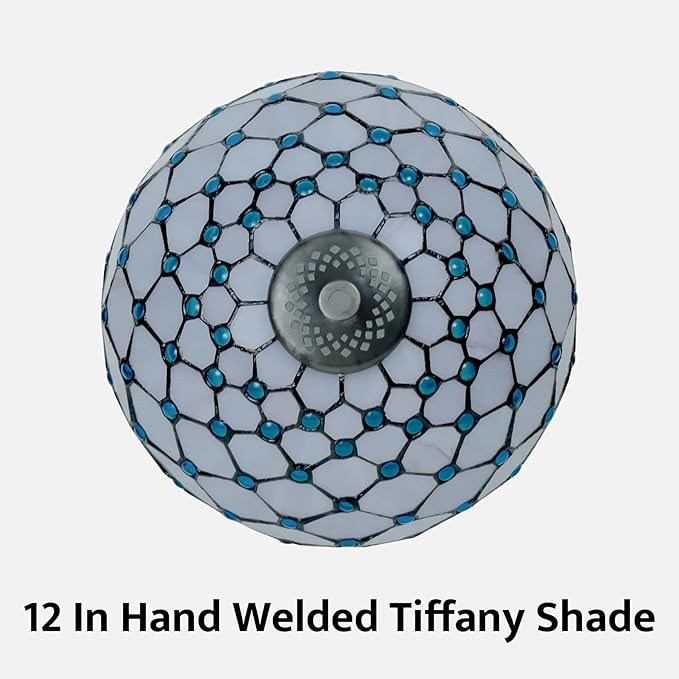 Tiffany Lamp Vintage White Grey Stained Glass Bead Table Lamp Desk Bedside Reading Light Decor Bedroom Living Room Home Office D12*H18 Inches - Bloomnest