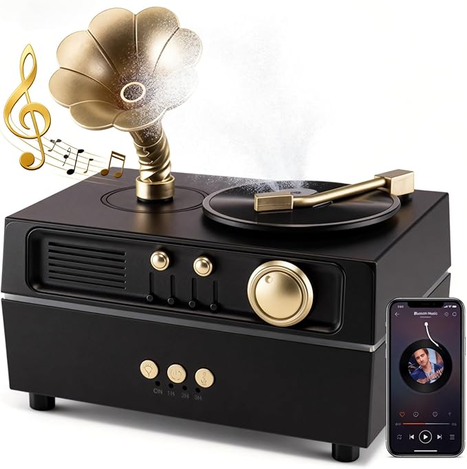Daroma Essential Oil Diffuser, Retro Phonograph Design with Music Player, 7-Color LED Lights, Low-Noise Aromatherapy Humidifier for Home Office, Unique Gift Idea (Black) DaromaLife