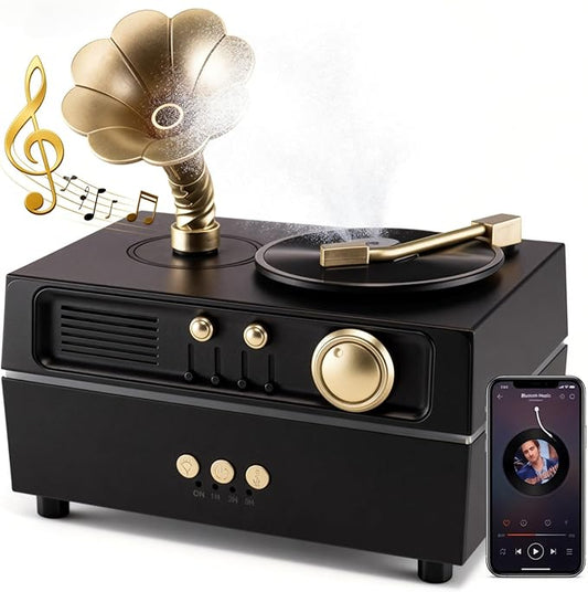 Daroma Essential Oil Diffuser, Retro Phonograph Design with Music Player, 7-Color LED Lights, Low-Noise Aromatherapy Humidifier for Home Office, Unique Gift Idea (Black) DaromaLife
