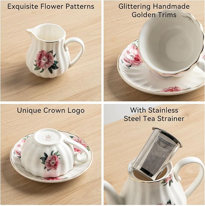 Porcelain Tea Sets British Royal Series, 8 OZ Cups & Saucer Service for 6, with Teapot Sugar Bowl Cream Pitcher Teaspoons and Tea Strainer, Suitable for High Tea, Wedding, Party - Bloomnest