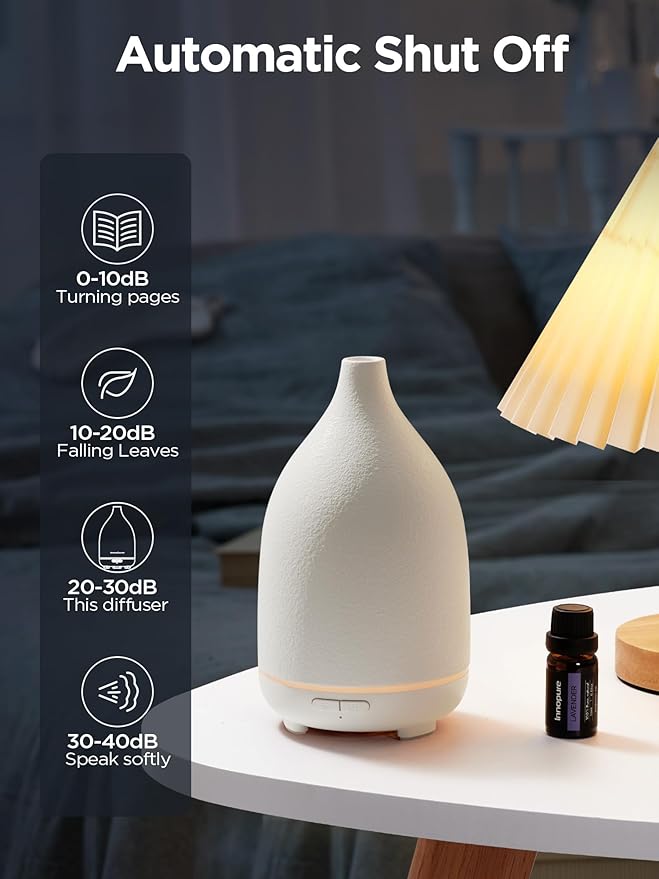 InnoGear Oil Diffuser, 150ML Ceramic Diffuser for Essential Oils Handcrafted Aromatherapy Diffuser Ultrasonic Cool Mist Humidifier with 2 Mist Modes Waterless Auto Off for Room Office, White Base - Bloomnest