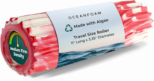 Oceanfoam Ripple Travel Foam Roller (11" x 3.35") Firm Mini Foam Roller for Physical Therapy, Deep Tissue Massage, Back Pain - High Density, Ergonomic Wave Textured - Yoga, Exercise (Red Marbled)