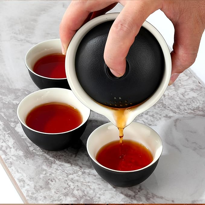 Porcelain Chinese Gongfu Tea Sets for Adults Portable Kungfu Teapot and Cup Set Small Ceramic Tea Party Set Travel Teaset with Lid for Home Gifting Outdoor and Office (Black) - Bloomnest