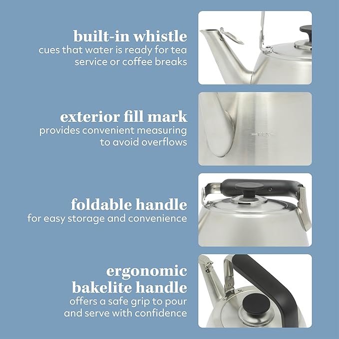 Sur La Table Kitchen Essentials 2 Qt Heavy Gauge Brushed Stainless Steel Whistling Tea Kettle – Durable Stovetop Kettle - Bloomnest