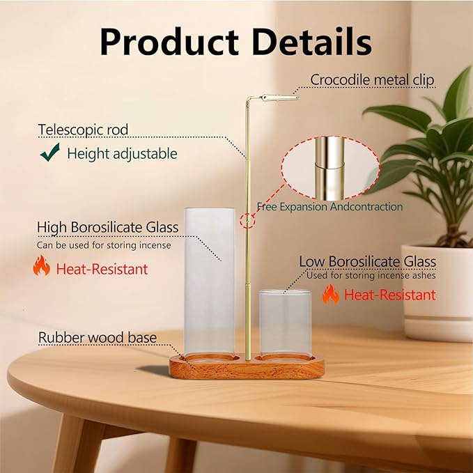 2 in 1 Incense Holder for Sticks(Height Adjustable), Anti-Ash Flying Insence-Sticks Burner with Glass Incense Holder Organizer for Meditation Yoga Spa Home Decor Sage (Golden Metal Rod) - Bloomnest