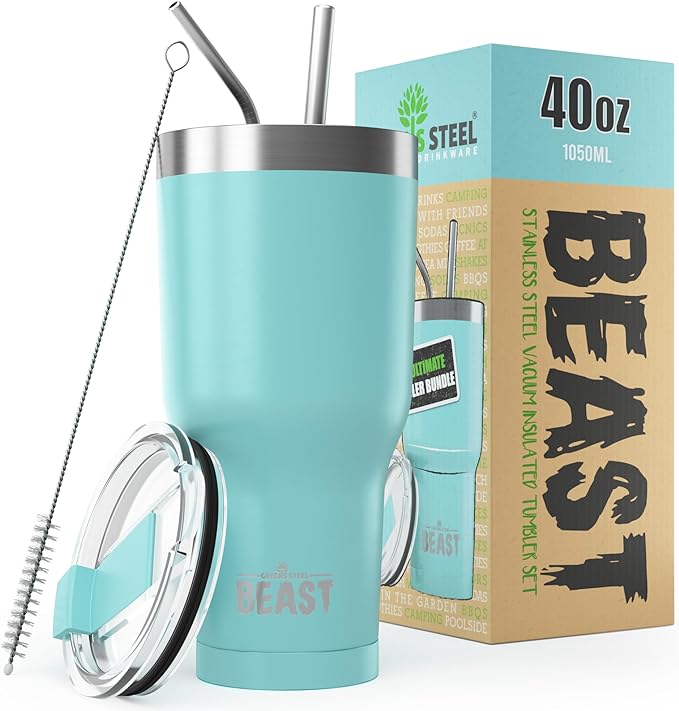 Beast 40 oz Tumbler Stainless Steel Vacuum Insulated Coffee Ice Cup Double Wall Travel Flask (Aquamarine Blue) - Bloomnest