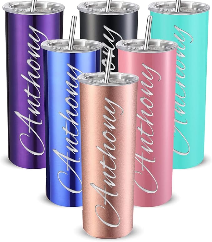 Personalized Tumbler - Laser Engraved with Name,20oz Custom Stainless Steel Skinny Tumbler Personalized Cups with Lids and Straws | 19 Colors & 16 Designs Text Gifts for Women Men - Bloomnest