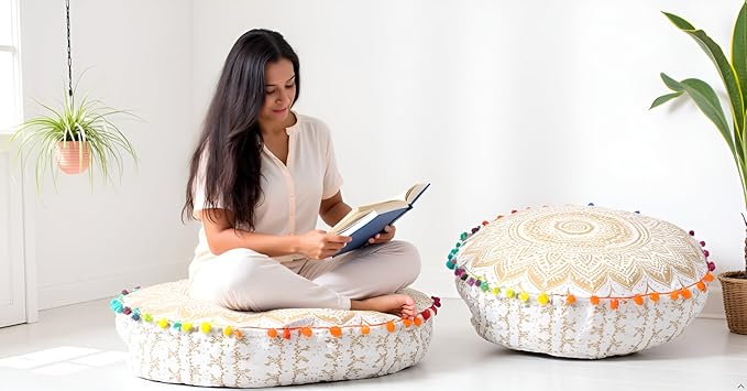 INDIAN CRAFT CASTLE ICC Mandala Barmeri Large Floor Pillow Cover Cushion Meditation Seating Ottoman Throw Cover Hippie Decorative Zipped Bohemian Pouf Ottoman Cases White Gold, 24" Round - Bloomnest