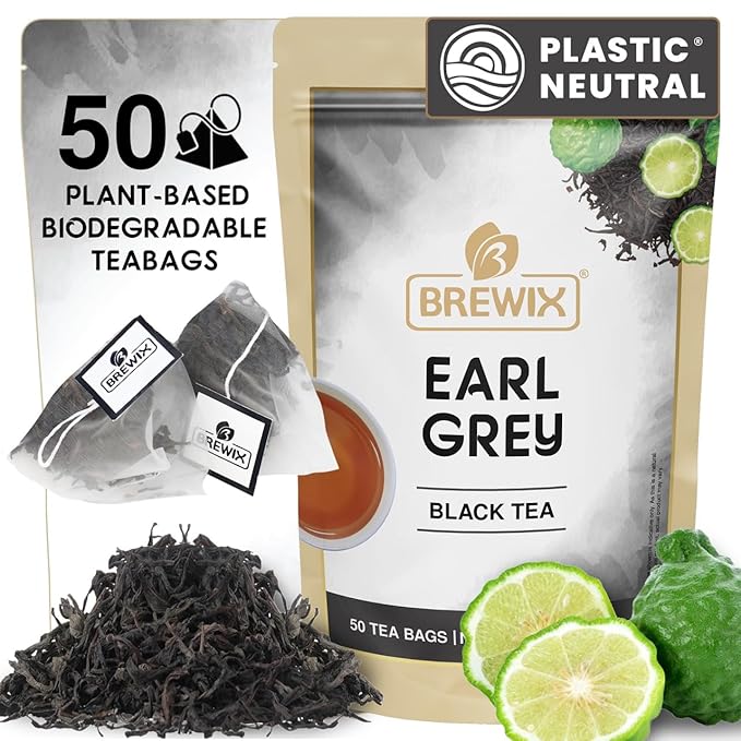 BREWIX, Earl Grey Black Tea Bags (50 Pyramid Bags) Bold & Aromatic Tea with Bergamot | Gluten Free, Energizing & Caffeinated | Sugar-Free, High Caffeine | Gourmet Tea - Bloomnest