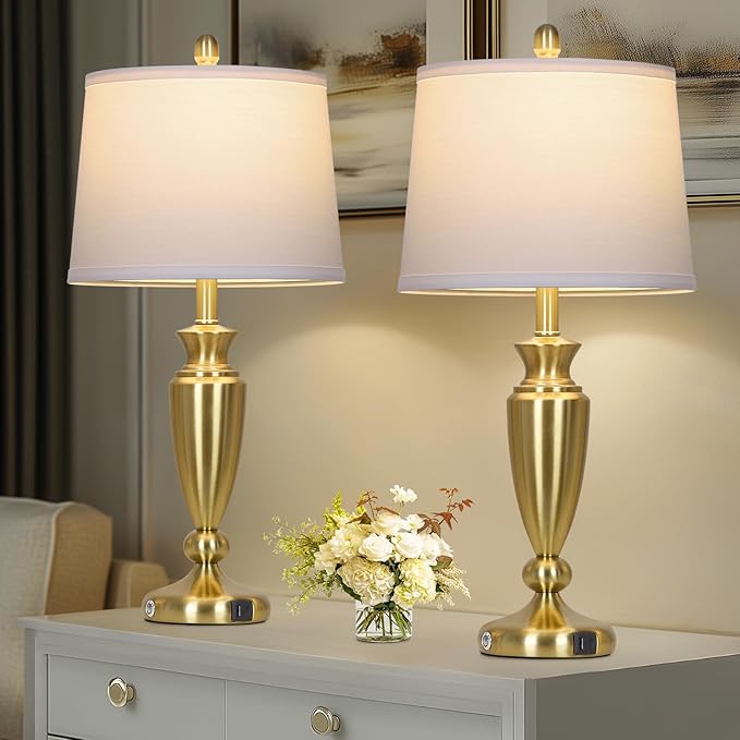 27'' Gold Table Lamps for Living Room with White Lampshade, 3 Way Touch Control Bedside Lamps Set of 2 with USB A+C Ports, Modern Metal Nightstand Lamp for Bedroom Office End Table - Bloomnest