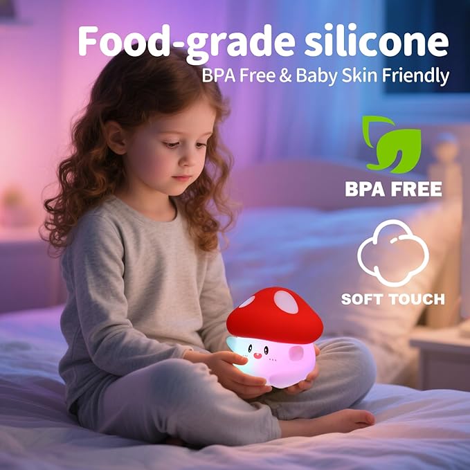 Mushroom Night Light Silicone - Color Changing Lamp, USB Rechargeable, Long Battery Life, Soft Squishy, Dimmable Brightness - Bedroom Decor, Cute Mushroom Gifts for Kids & Adults - Bloomnest