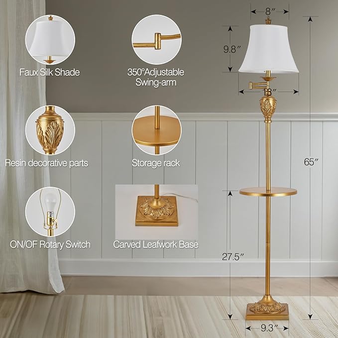 Traditional LED Floor Lamp with 350° Adjustable Swing Arm Lamp – Vintage Standing Pole lamp for Living Room, Bedroom and Office – Rustic Upright Floor Light for Home Décor with Silk Fabric Shade - Bloomnest