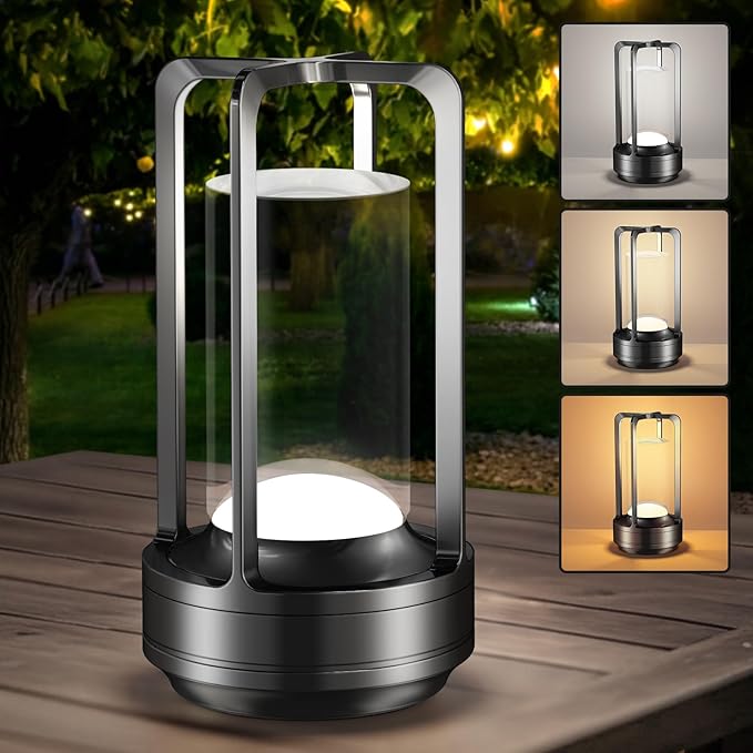 Portable Table Lamp for Outdoor Indoor: Cordless Rechargeable Desk Lamp with 3 Color Stepless Dimmable - Metal Battery Operated Small Lantern Light for Restaurant/Bedroom/Bar/Coffee Shop/Camping - Bloomnest