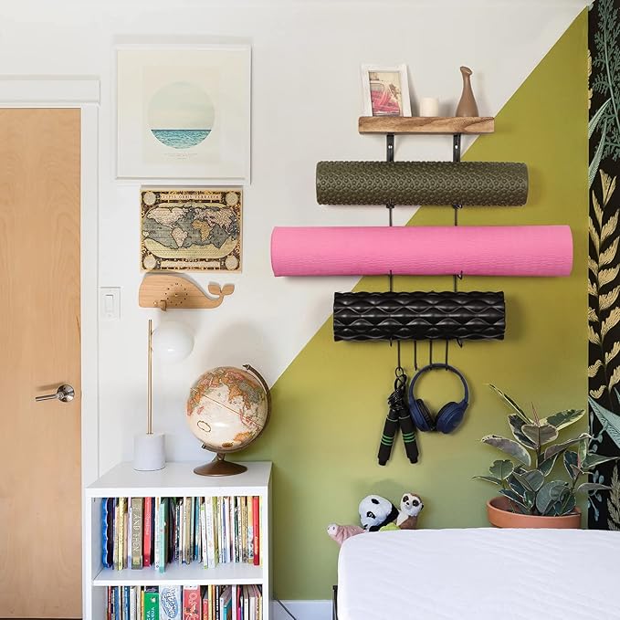 Bikoney Yoga Mat Holder Wall Mount Yoga Mat Storage Home Gym Accessories with Wood Floating Shelves and 4 Hooks for Hanging Foam Roller and Resistance Bands Fitness Home Gym Carbonized Black