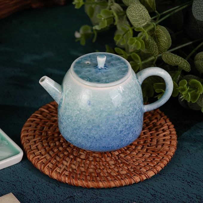 KAMMAK Tea Set Porcelain Tea Pot and Tea Cups Set, Blue and Green Gradient Asian Ceramic Tea Cups and Saucers Set, Chinese Gong Fu Tea Set (2 Saucer+ 2 Cups +1 Tea Pot + 1 Square Plate) - Bloomnest