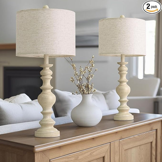 BOBOMOMO 27" Antique White Table Lamps Set of 2, Large Vintage Resin Lamps with Linen Shades, Farmhouse White Lamps for Bedroom, Living Room, or Console Table Elegant Home Décor - Bloomnest