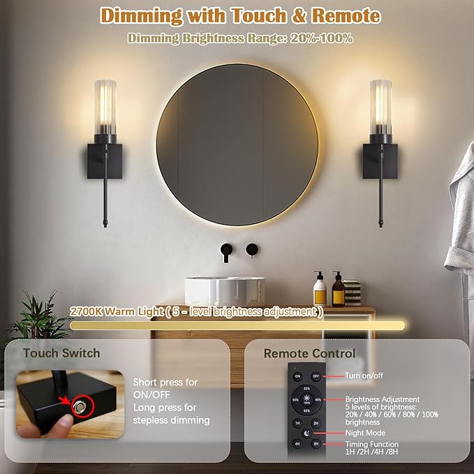 Battery Operated Wall Sconce Set of Two with Remote, Black Rechargeable Wireless Wall Lights, Sconces Wall Decor Set of 2 Dimmable 2700K Battery Powered Sconce for Bathroom Living Room Hallway - Bloomnest