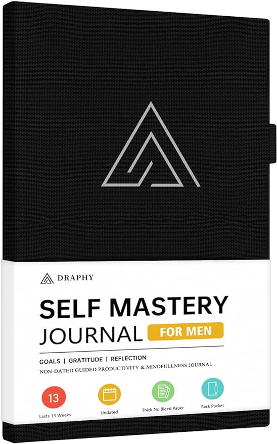 Self-Mastery Journal for Men - Gratitude and Productivity Journal for More Happiness, Positivity, Growth, Mindfulness, Self Care and Reflection - Guided Inspirational Journals for Men & Women (Black) Draphy
