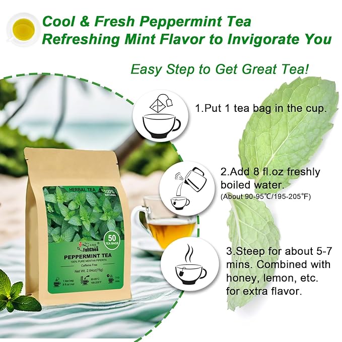 FullChea - Peppermint Tea Bags, 50 Teabags - Premium Peppermint Leaves - Refreshing & Minty - Non-GMO - Caffeine-free - Freshen Breath & Aid Digestion - Bloomnest