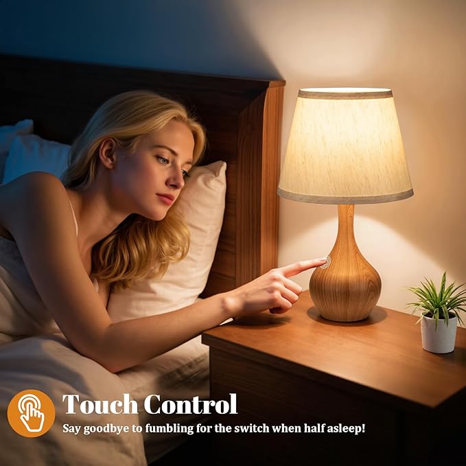 Seealle Touch Table Lamp for Bedroom, 3-Way Dimmable Small Bedside Lamps for Night Stands with Wires, Wood Desk Lamp for Kids Room, Office, Living Room, End Table(LED Bulb Included) - Bloomnest