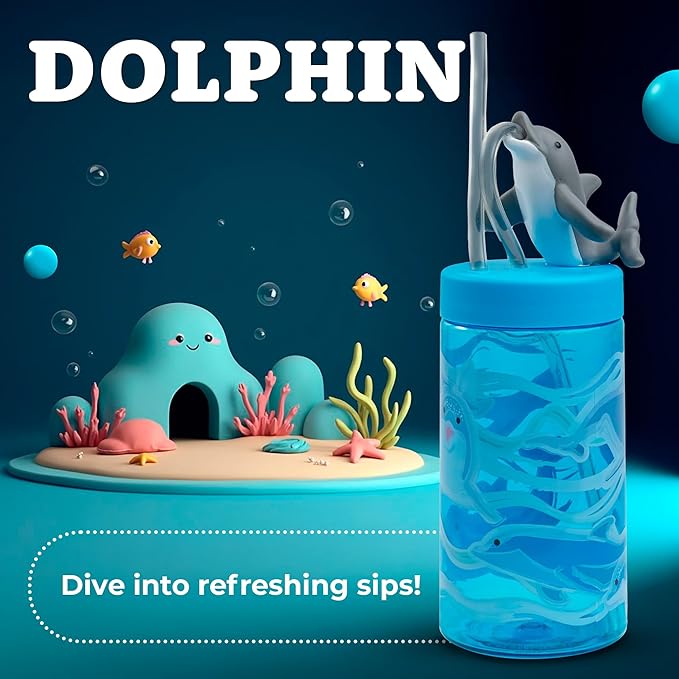 Kids Water Bottle, Toddler Cups, Tumbler with Lid and Straw, Travel Sippy Cup for Water or Milk, Kids Cups with Lids for Toddlers 3 and Up, BPA Free Plastic, 12 oz (Sealife Dolphin) - Bloomnest