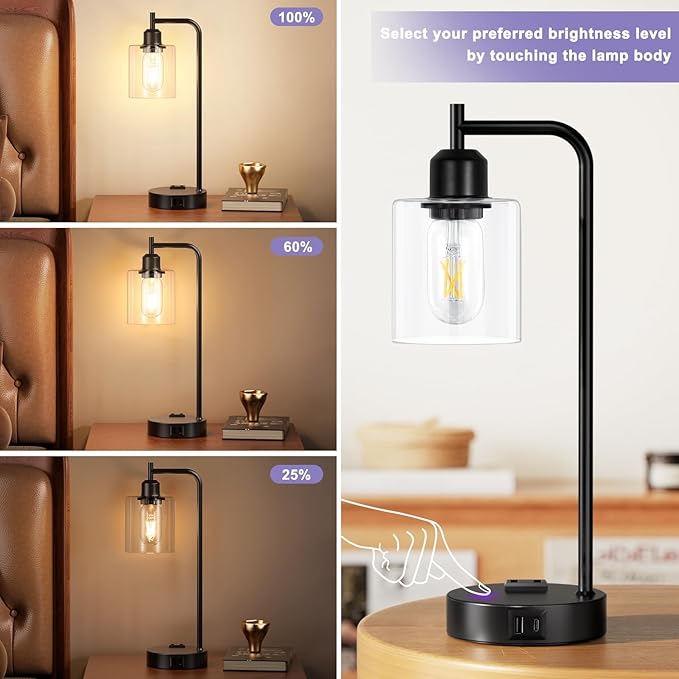 Industrial Touch Table Lamps for Bedrooms Set of 2 - 3-Way Dimmable Nightstand Lamps with USB C+A Ports and Outlet, Black Bedside Lamps with Glass Shade for Living Room, Desk Lamps for Home Office - Bloomnest