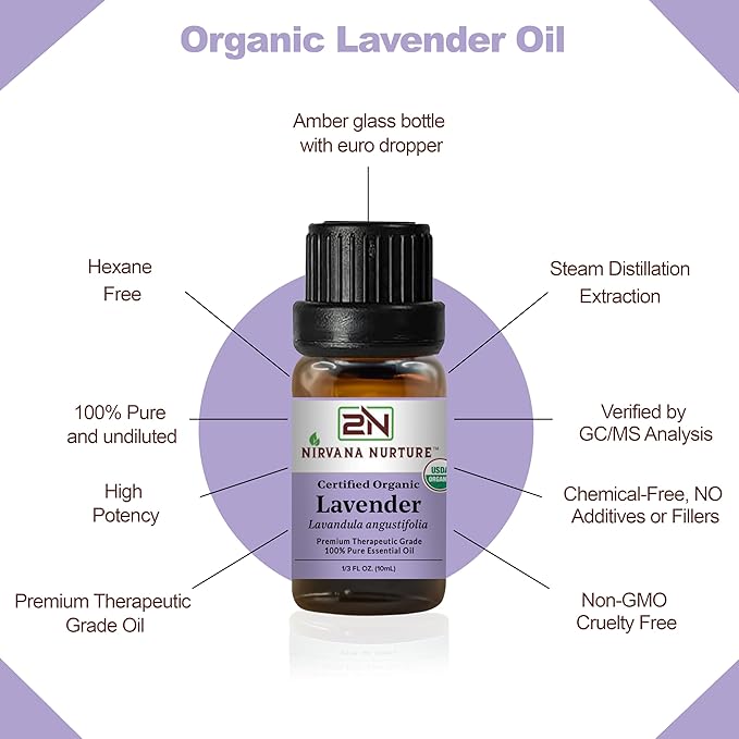 Lavender Essential Oil USDA Certified Organic, 100% Pure Natural Premium Grade, Undiluted- Aromatherapy Diffuser for Calm and Relaxation, Skin Care, Hair Care NirvanaNurture