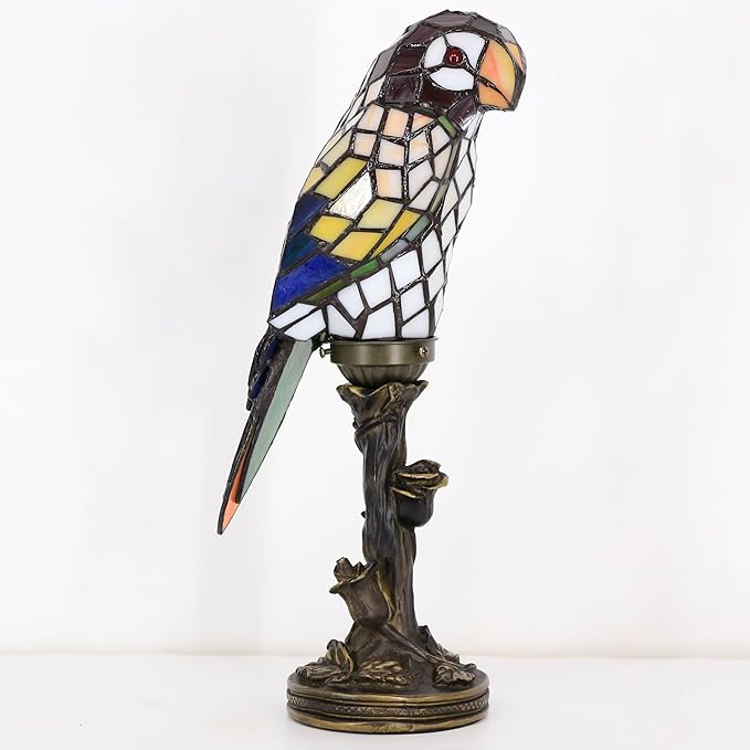 Small Tiffany Lamp Parrot Table Lamp Stained Glass Accent Lamp 15.3 Inch Tall Mini Desk Bedside Night Light for Kids Bedroom (White) - Bloomnest