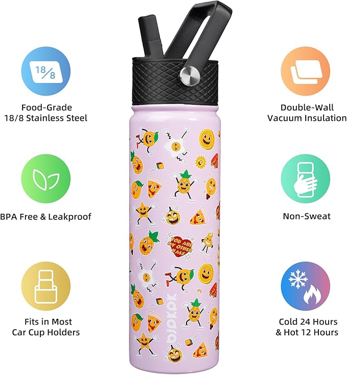 BJPKPK Insulated Water Bottle with Straw Lid, 22 oz Stainless Steel Metal Water Bottles, Reusable Leak Proof BPA Free Water Bottles, Cups, Thermo, Hawaii Fruits-Purple - Bloomnest
