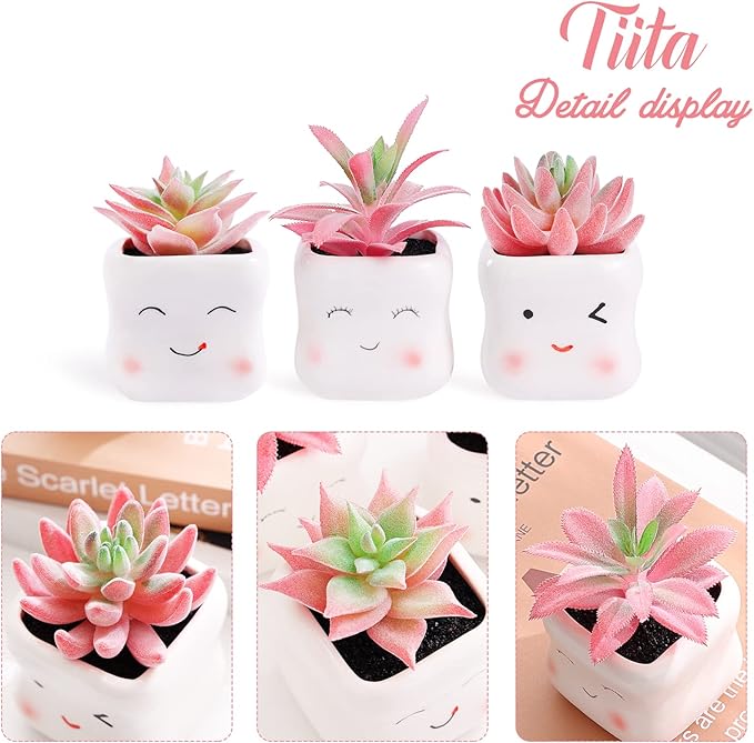 Tiita Cute Artificial Faux Succulents in Pots, Pink Fake Plants Ceramic Arrangement Planter Small Mini Tiny Decoration for Home Office Accessories Women Desk Window Sill Bathroom Bedroom - Bloomnest